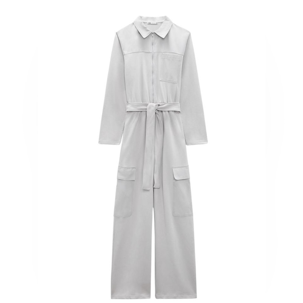 Light Gray Zara denim and cotton cargo jumpsuit. Size large.